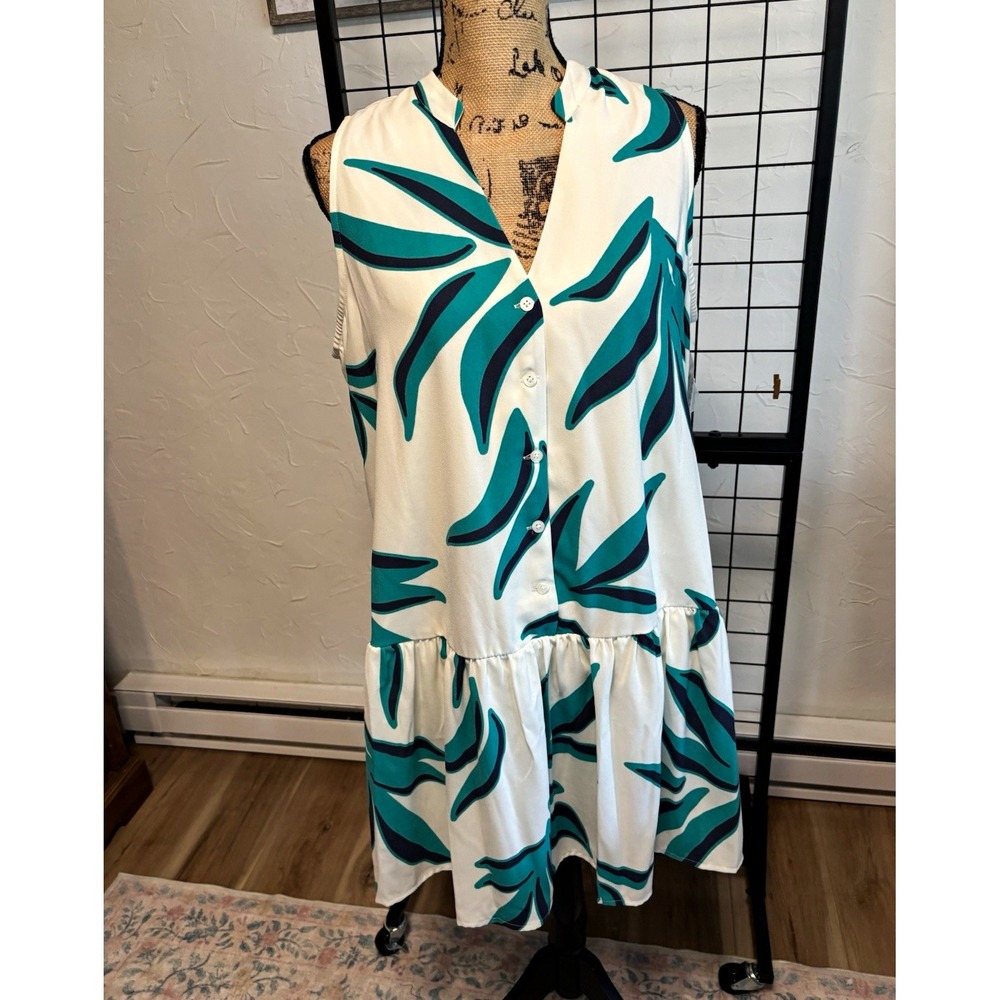 Nine West Dress Womens Large NWT Abstract Ruffle Hem Mini Teal Resort Vacation
